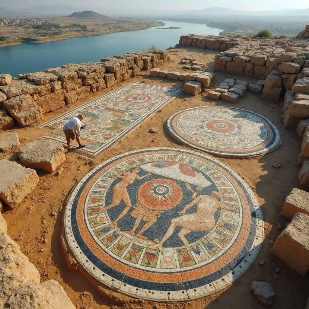 UnearthedHQ's tweet photo. The warm sun of the Levant shines over the ruins of an ancient citadel, high above the blue waters of the Euphrates. Hidden beneath the dust for thousands of years, archaeologists have uncovered beautiful, colorful mosaics.

As the dirt is gently brushed away, bright pieces of stone—orange, red, and deep blue—start to shine again. One round mosaic shows mysterious figures dancing around a glowing eye, revealing the beliefs and creativity of a long-lost civilization.

Standing here, you can almost imagine the people who once lived in this place. It’s a powerful reminder that even though empires fall, the human love for art and meaning never disappears.
