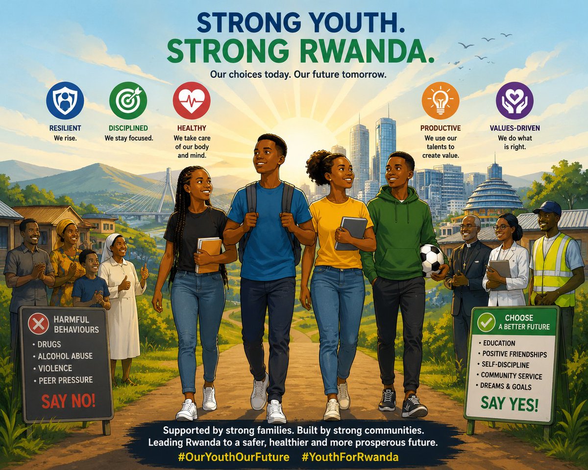 KabasingaF's tweet photo. The future of Rwanda is shaped by the choices young people make today.

We want a generation that is confident in its future, disciplined in its choices, healthy in body and mind, productive with its talents, and guided by strong values.

A generation that can resist peer pressure, stay away from harmful behaviours, support one another and make choices that protect their future.

But young people cannot do it alone. Families, communities, schools, faith institutions and society all have a role to play in creating an environment where young people can thrive.

When our youth are strong, responsible and empowered, Rwanda is stronger...

#OurYouthOurFuture