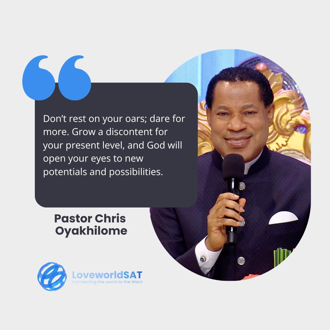 lwsat's tweet photo. PASTOR CHRIS DAILY: DARE FOR MORE IN CHRIST! ๐๐๐ฅ
"Donโt rest on your oars; dare for more. Grow a discontent for your present level, and God will open your eyes to new potentials and possibilities." โ Pastor Chris Oyakhilome
#PastorChrisDaily #LoveworldSAT #DareForMore https://t.co/YzP1BCEKD4