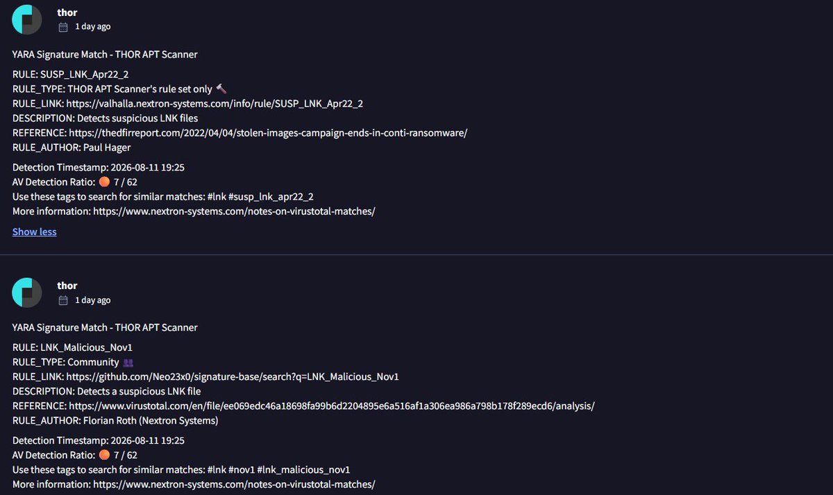 nextronresearch's tweet photo. We identified a #SideCopy campaign using #CrimsonRAT, delivered through an Outlook email with an individual case-themed lure.
The email is an .msg file named "Fw_ individual Case - Aug 2026.msg". It contains an archive named "Indl Case List 2026.rar", which leads to a file named "Indl Case List 2026.pdf.lnk".
The .lnk is made to look like a PDF, but instead starts the next stage of the infection chain. It is followed by "powerpoint.bat" and an executable named "powerpoint".
The powerpoint executable is a malicious Crimson RAT sample written in C# that provides remote access and data collection capabilities and has been used by #SideCopy in previous campaigns.
The chain we observed is:
Outlook MSG → RAR → PDF-disguised LNK → BAT → powerpoint → Crimson RAT
The use of a case-related lure together with a PDF-looking shortcut and an Office-themed executable name is a simple but effective way to hide the actual execution chain from the victim.
THOR YARA matches:
MAL_Crimson_RAT_Jun26
https://t.co/5aPKscnG8r
SUSP_LNK_Apr22_2
https://t.co/GtwKEOW20Z
LNK_Malicious_Nov1
https://t.co/VYqocY5Al7
SUSP_OLE_Embedded_EXE_Oct23
https://t.co/aJ1QT18wfM
IOCs:
0a0e7b54890b822bd3910220b20f1a52b09e24603b8fcfd4ea551b964d6033b9 (Fw_ individual Case - Aug 2026.msg)
5e08012967a184f456400168c3382a8b6ab3efdf21c520667c3cf9c5d57b01f2 (powerpoint)
a5a9b99066d1d27899506a2bf138da3289f9c33fc4dc5b8fd76be9c32c2bf90a (powerpoint.bat)
9ec2fcf125890ad69155a3343399f7e704ae0edb9873dcd38448415398ed81c5 (Indl Case List 2026.rar)
4379a9572d31ea98e5cb1d55f052ab150508a85dd02a004a3570f2fca8f51609 (Indl Case List 2026.pdf.lnk)
a6f27d0a4844c725a9d3bf916b59df24c3f440a63c567329fda87c99f80529fb (Indl Case List 2026.pdf.lnk)