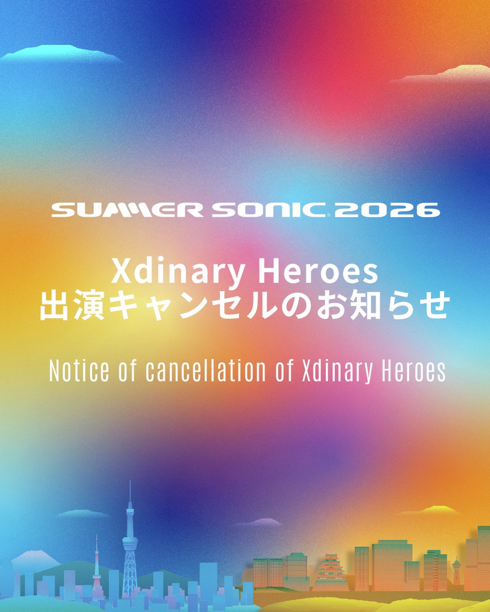 summer_sonic's tweet photo. 【Xdinary Heroes出演キャンセルのお知らせ】

8月14日（金）東京 PACIFIC STAGE、8月16日（日）大阪 MASSIVE STAGEに出演を予定しておりましたXdinary Heroesは、所属事務所からの発表を受け、本公演への出演辞退の申し出があり、キャンセルとなりました。

出演を楽しみにされていたお客様には申し訳ございませんが、何卒ご理解いただけますようお願い申し上げます。
なお、Xdinary Heroesの出演枠に代わるアーティストの出演はございません。
また、出演キャンセルに伴うチケットの払い戻しはいたしませんので、予めご了承ください。