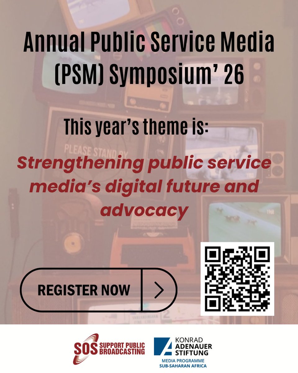 SOSCoalition's tweet photo. Let’s reveal this year’s theme for the Annual Public Service Media (PSM) Symposium:

Strengthening public service media’s digital future and advocacy

This theme explores the future of PSM in an increasingly digital and rapidly changing media environment. As audiences migrate to online and on-demand platforms, public broadcasters across Africa face growing challenges related to sustainability, digital transformation, funding, technological change, platform dominance and access to information.

The theme highlights the need for a larger PSM digital footprint coupled with accessibility and strengthened advocacy efforts that protect and advance an independent and sustainable PSM ecosystem in Southern Africa. 

The Symposium will provide a platform for stakeholders to engage on how public service media can adapt, innovate, and remain relevant in the digital era, also with a strong emphasis on role of advocacy in holding PSM and oversight structures to account.

Register here: https://t.co/SXWYOTHa78 

#PSMSymposium2026 #SOSCoalition