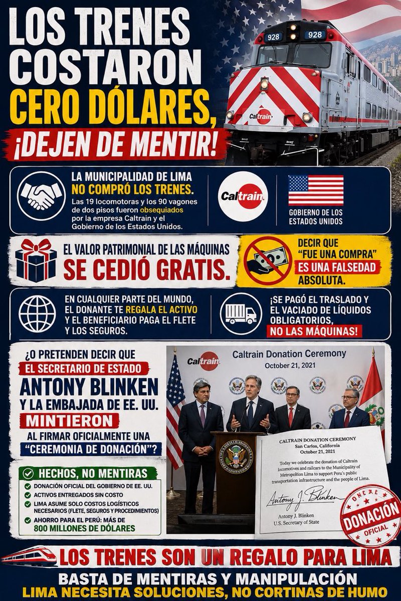rlopezaliaga1's tweet photo. ‼️MI TROFEO DE HOY: EL CANDIDATO CARLOS BRUCE ME BLOQUEÓ POR DEJARLO SIN ARGUMENTOS ANTE LA VERDAD‼️🏆 
Censura cobarde frente a la documentación oficial.
¿Tanto le aterra que los ciudadanos lean los papeles de la Embajada de EE.UU., señor @Carlos_Bruce? Aquí las preguntas que lo sepultaron:
1️⃣ El Departamento de Estado de EE.UU. oficializó el acuerdo como "Ceremonia de Donación" (Donation Ceremony) [https://t.co/93TMgdVMGj]. ¿Según usted, la primera potencia del mundo miente y emite documentos oficiales falsos?
2️⃣ Confunde flete con compra por pura mala fe: Lima pagó la logística y el vaciado ambiental de fluidos. ¡El flete no se regala en ningún lado, las máquinas costaron CERO dólares!
3️⃣ Doble moral selectiva: En 2019 ponía el pecho defendiendo pactos entreguistas con la corrupta Odebrecht, pero hoy sabotea un regalo transparente que le ahorra US$ 800 millones al país [https://t.co/Q6csDXro6Q].
Usted, Allison y el ministro del MTC atacan en manada por puro pánico a las encuestas y por revanchismo político tras la histórica caída de los peajes corruptos [https://t.co/cDhfX0vHt0]. Podrá bloquearme para silenciar su muro, pero no podrá ocultarle la verdad a los limeños. ¡El transporte del pueblo se respeta, compita con propuestas y deje de arrugar! 🤡🤫
#BastaDeGuerraSucia #TrenChosica #Lima #Censura