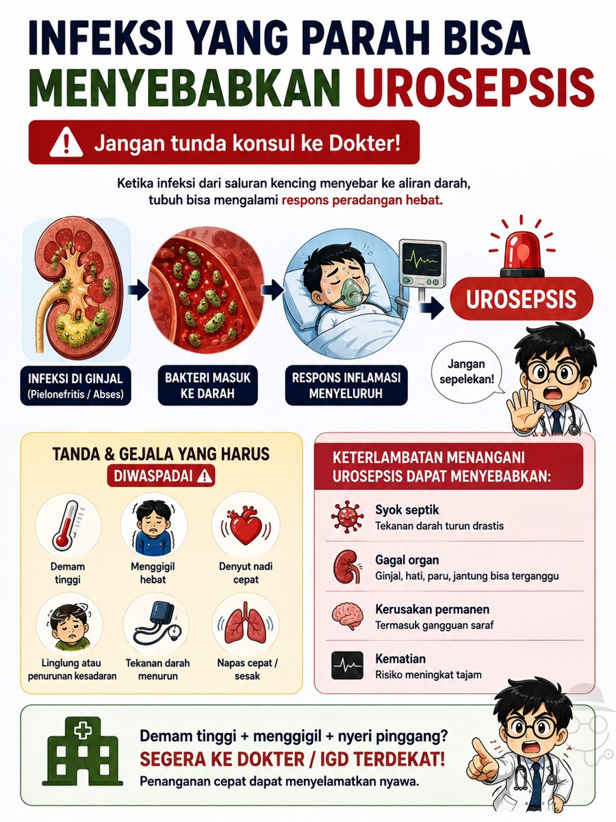 doktercamo's tweet photo. AWALNYA BESER/ANYANG-ANYANGEN, TERNYATA GINJAL BERNANAH ⁉️😰

Infeksi saluran kencing (ISK) bukan selalu berhenti di kandung kemih. Bila terlambat dikenali atau tidak tertangani dengan baik, bakteri bisa naik melalui ureter menuju ginjal, menyebabkan pielonefritis. Pada kondisi yang berat, infeksi bahkan dapat membentuk abses (kantong nanah) di ginjal.

Yang perlu diwaspadai antara lain: 
✅ Demam tinggi atau menggigil 
✅ Nyeri pinggang 
✅ Anyang-anyangan atau nyeri saat BAK
✅ Mual dan muntah

Bila infeksi terus menyebar hingga masuk ke aliran darah, kondisi ini disebut urosepsis. Ini adalah kegawatdaruratan medis yang dapat menyebabkan tekanan darah turun, gangguan fungsi organ, syok septik, bahkan mengancam nyawa.

🚨 Jangan menunda ke IGD bila mengalami: 
• Demam tinggi disertai menggigil 
• Nyeri pinggang hebat 
• Linglung atau penurunan kesadaran 
• Napas cepat atau sesak 
• Tekanan darah menurun atau tubuh terasa sangat lemas

Semakin cepat infeksi ditangani, semakin besar peluang untuk sembuh dan mencegah komplikasi yang lebih berat.
💬 Pernah mengalami infeksi saluran kencing? Bagikan pengalamanmu di kolom komentar.

#pyelonefritis #infeksisalurankemih #urinarytractinfection #infeksi #tanyadoktercamo