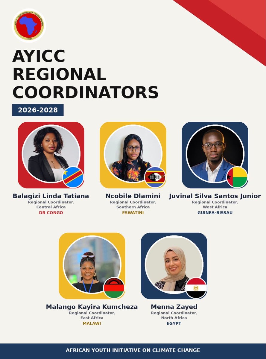AYICC's tweet photo. Introducing AYICC Regional Coordinators 2026–2028!

🇨🇩 Central Africa — Balagizi Linda Tatiana
🇸🇿 Southern Africa — Ncobile Dlamini
🇬🇼 West Africa — Juvinal Silva Santos Júnior
🇲🇼 East Africa — Malango Kayira Kumcheza
🇪🇬 North Africa — Menna Zayed

Congratulations! https://t.co/EE035EDvGK