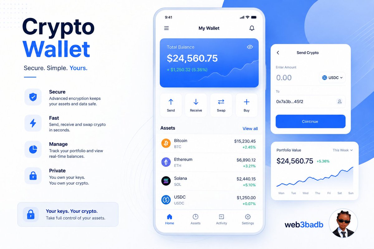 Web3badb's tweet photo. Day 12/30: Design challenge 🎨

Designed a simple crypto wallet UI to make Web3 feel more secure, clear, and easy to use.

Your keys. Your crypto. Your control. 🔐

#30DaysDesignChallenge #Web3 #CryptoDesign https://t.co/7uXPXdzRPV