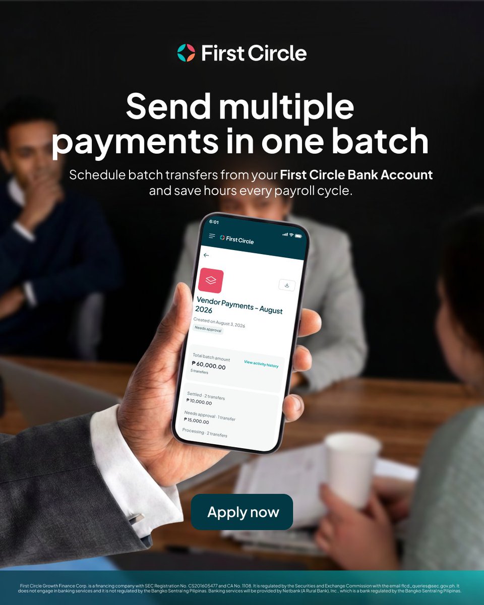 firstcircleph's tweet photo. Business payments don't have to be complicated.

Pay your team and suppliers in one go with batch payments, making it easier to manage multiple transfers from your First Circle Bank Account.

Apply now at:  https://t.co/sAITsSPjgQ

First Circle Growth Finance Corp. is a financing company with SEC Registration No. CS201605477 and CA No. 1108. It is regulated by the Securities and Exchange Commission with the email flcd_queries@sec.gov.ph. It does not engage in banking services and it is not regulated by the Bangko Sentral ng Pilipinas. Banking services will be provided by Netbank (A Rural Bank), http://Inc., which is a bank regulated by the Bangko Sentral ng Pilipinas.