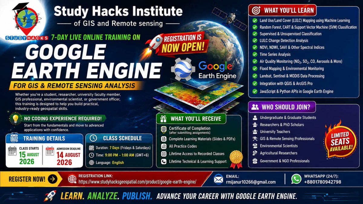 GISRSStudyHacks's tweet photo. Registration link:  https://t.co/O4AcVIerFn
For Registration, contact this Email: rmijanur10266@gmail.com
Or WhatsApp 24/7: https://t.co/I8as5IWsv2
#googleearthengine #RemoteSensing #GIS #geospatialdata #EarthObservation #GeoAI #geospatial #ArcGISPro #QGIS https://t.co/l4ML6FGQ5s