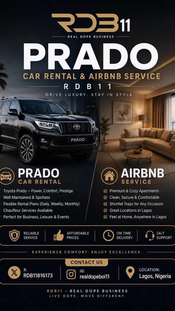 RDB11816173's tweet photo. Looking for a Prado rental or premium Airbnb in Lagos? 🚘🏡

Look no further.

At RDB11, we make luxury, comfort and convenience accessible, whether you’re in Lagos for business, leisure, events or a short getaway.

✅ Well-maintained Prado
✅ Flexible rental plans
✅ Chauffeur service available
✅ Clean & comfortable apartments
✅ Great locations across Lagos
✅ Reliable customer support

Book your next ride or stay with RDB11.

📍 Lagos, Nigeria
📲 X: RDB11816173 | IG: realdopeboi11