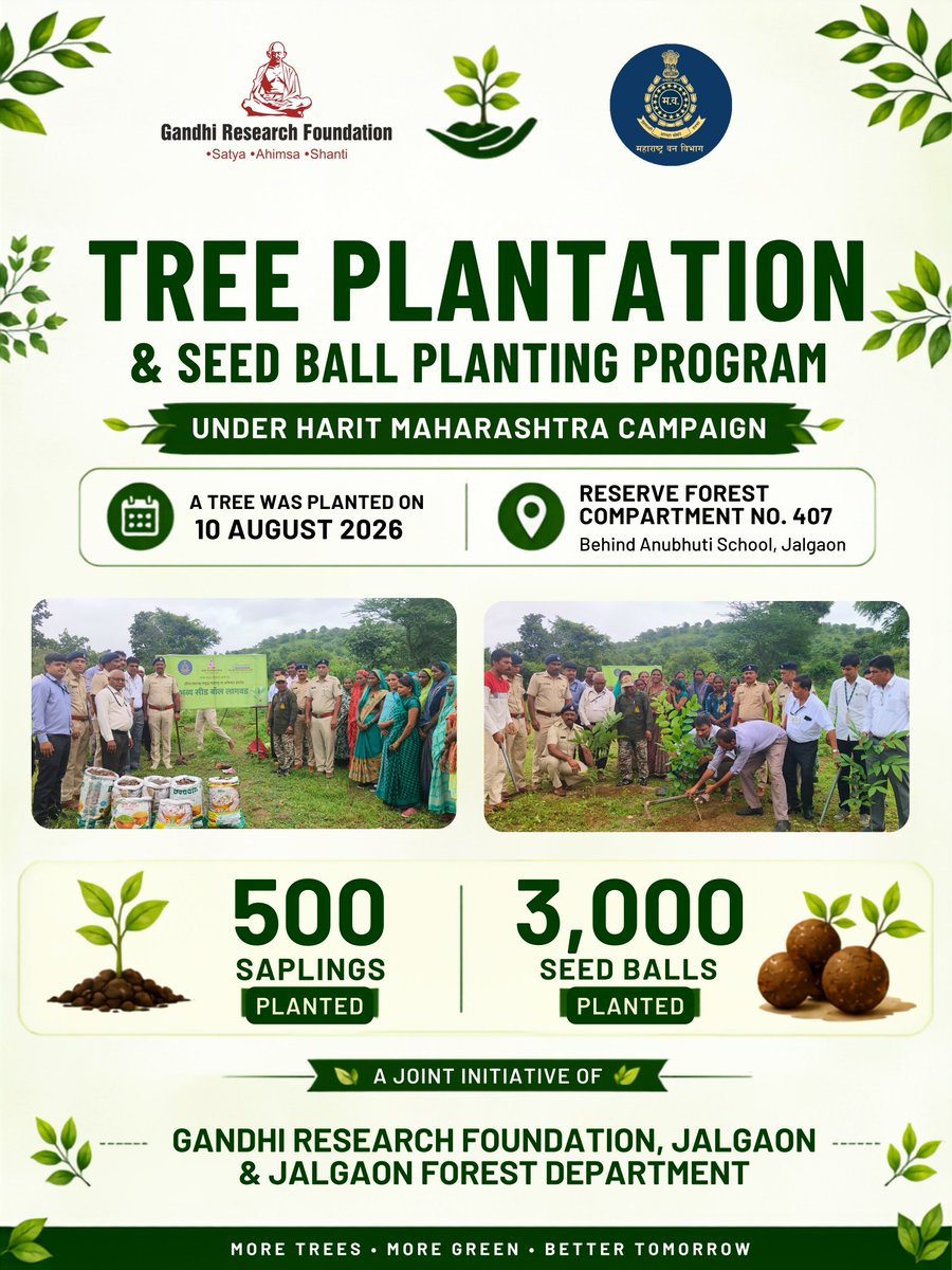 gandhiteerth's tweet photo. 🌱 A greener tomorrow begins today!
Under the #HaritMaharashtra Campaign, Gandhi Research Foundation, Jalgaon &amp; Jalgaon Forest Department planted 500 saplings and 3,000 seed balls. 🌳
More trees. More green. Better tomorrow. 💚
#TreePlantation #SeedBalls #Jalgaon https://t.co/DC6Ndul6n3