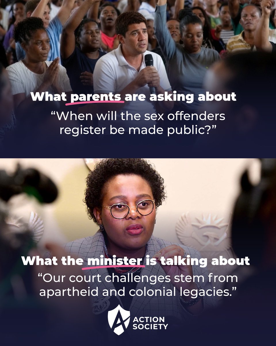 ActionSocietySA's tweet photo. Parents are asking about sex offenders.

The Minister is talking about apartheid.

South Africans are still waiting for answers about the National Register for Sex Offenders.

Protecting children should come before political distractions.

If you agree, sign the petition and demand accountability.

👉 Sign now: https://t.co/xCikmpCqsp
