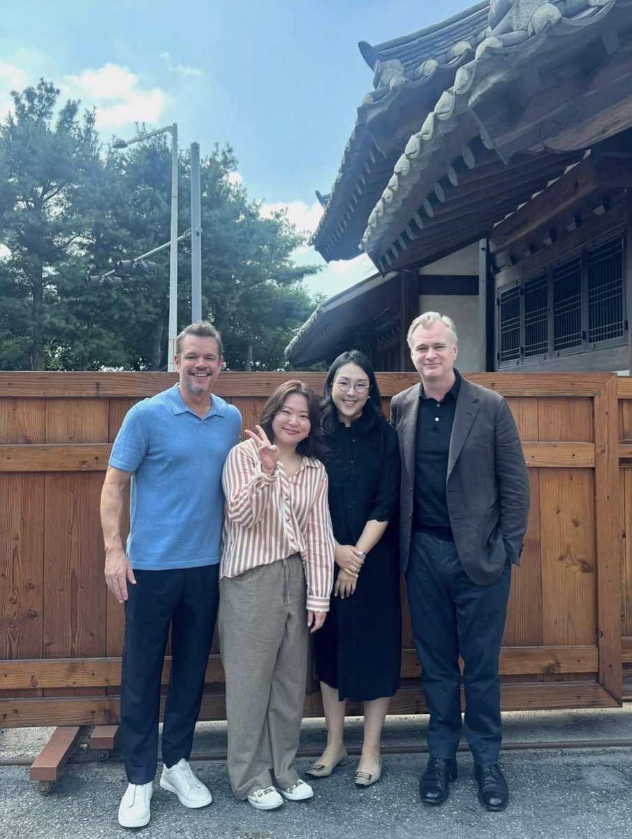 odynheimer's tweet photo. newly posted image of some of the universal pictures south korea representatives taking a picture with chris and matt after wrapping up the odyssey tour 🤍 https://t.co/FxIJ4U4EMq