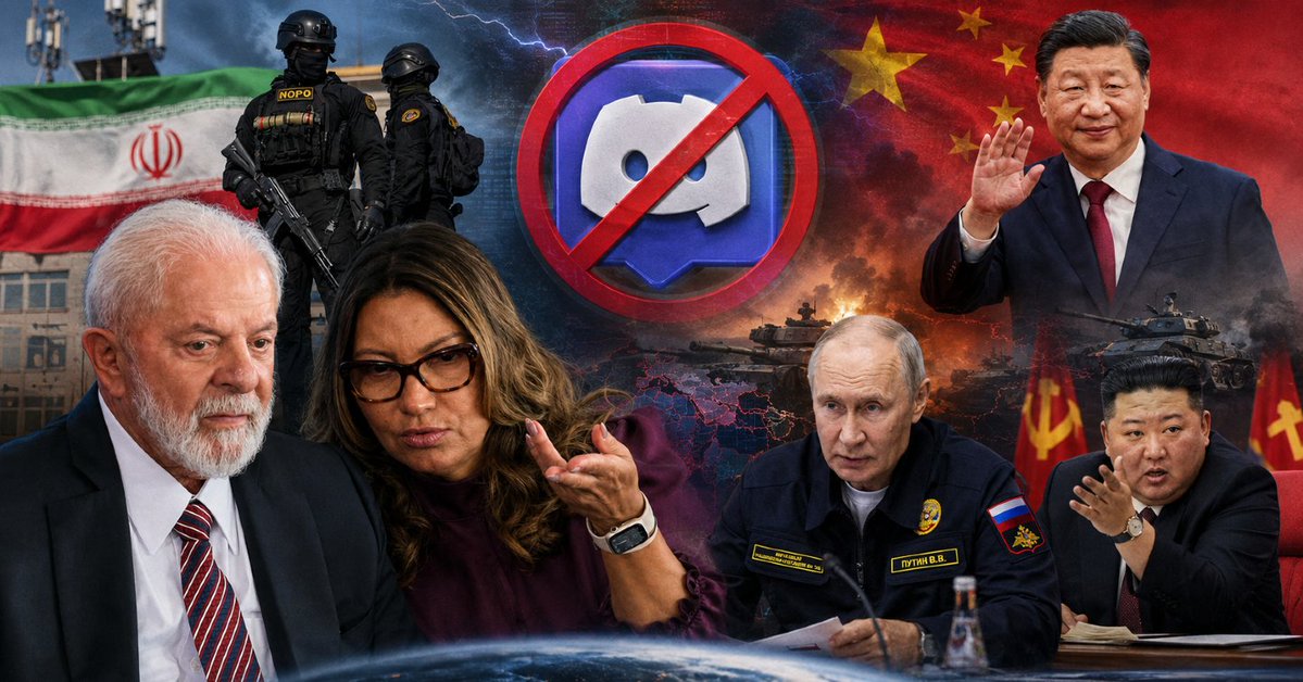 hoje_no's tweet photo. Com o bloqueio do Discord no Brasil, que ocorreu por pressão da Janja, o Brasil se junta a um seleto grupo de países formado por Rússia, Coreia do Norte, Irã e China, onde o Discord também está bloqueado. https://t.co/fEUpqRdHPY