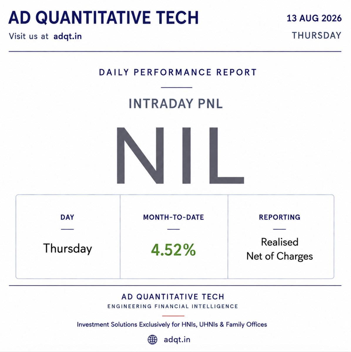 AD_QTECH's tweet photo. Daily Performance Report              
Performance for the trading session (13-08-26) is attached below.                                 

#ADQuantitativeTech                  
Visit us at 🌐 https://t.co/ky3ZtkU0TR