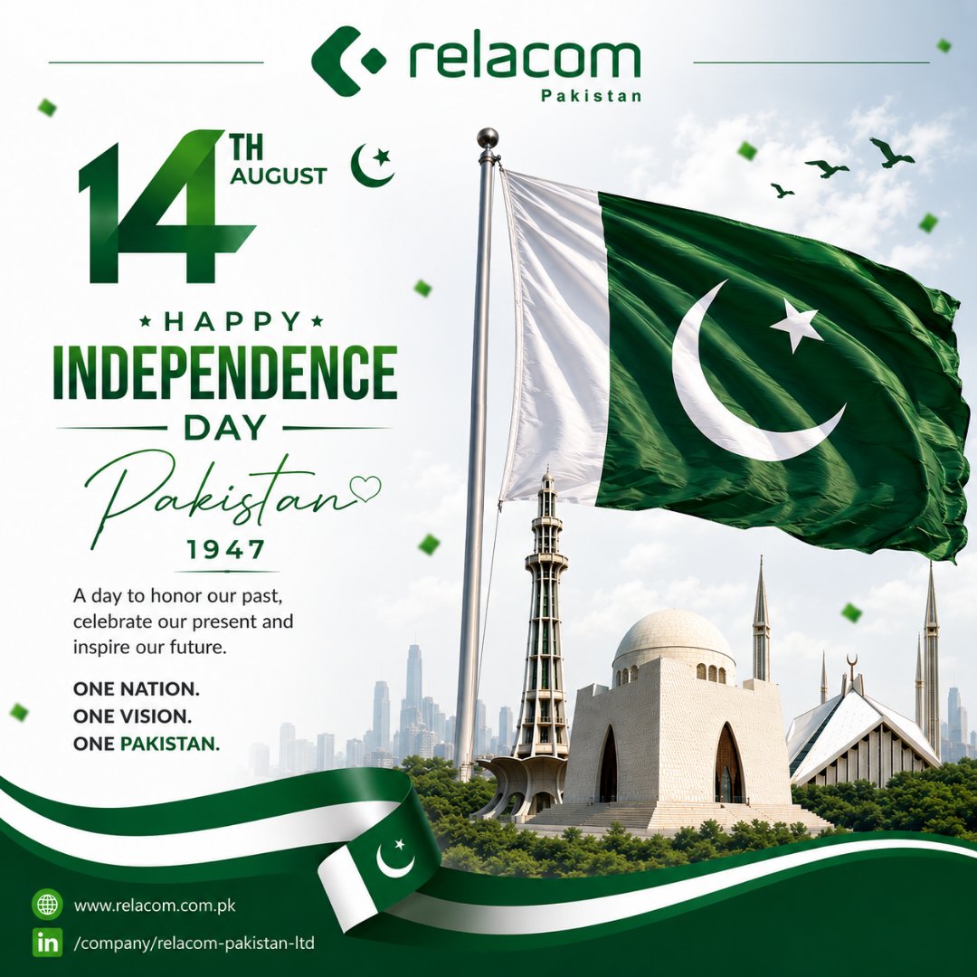 relacom's tweet photo. 🇵🇰 Celebrating the spirit of freedom, unity &amp; resilience! 💚 Relacom wishes everyone a Happy Independence Day. Let’s build a stronger, more connected Pakistan together. 🇵🇰

Pakistan Zindabad! 💚

#RelacomPakistan #14thAugust #PakistanZindabad #IndependenceDay #ConnectedPakistan https://t.co/cLT4hzGKY3