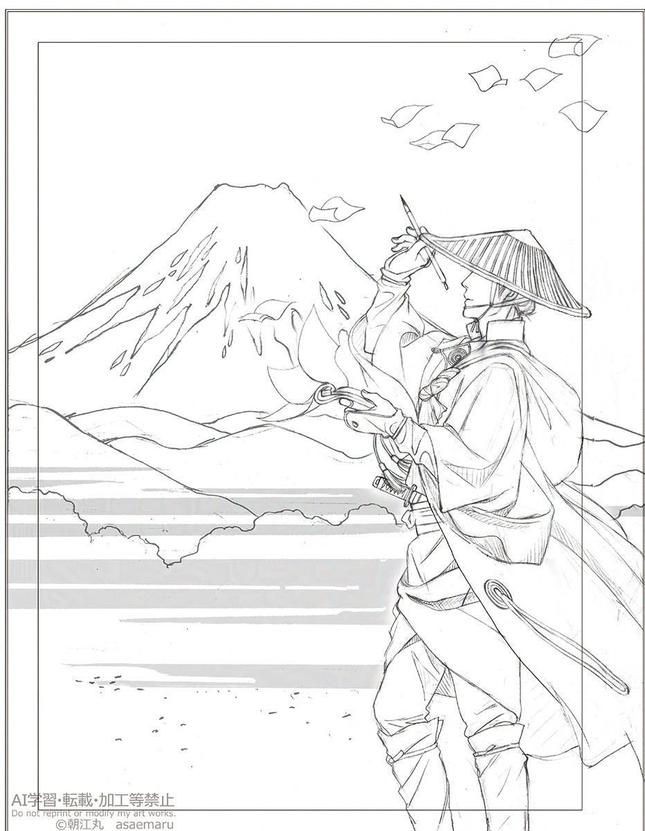 studio_asaemaru's tweet photo. 単行本の裏表紙に描かせていただいた若いころの鬼卵のイメージでとの永井先生からのご要望に、デザイナーさんからの富士山と青空を背景にというアイデアで

ラフ初稿→デザイナーさんによる構成と指定された空の色→線画→完成 https://t.co/6m9lX6b0HC