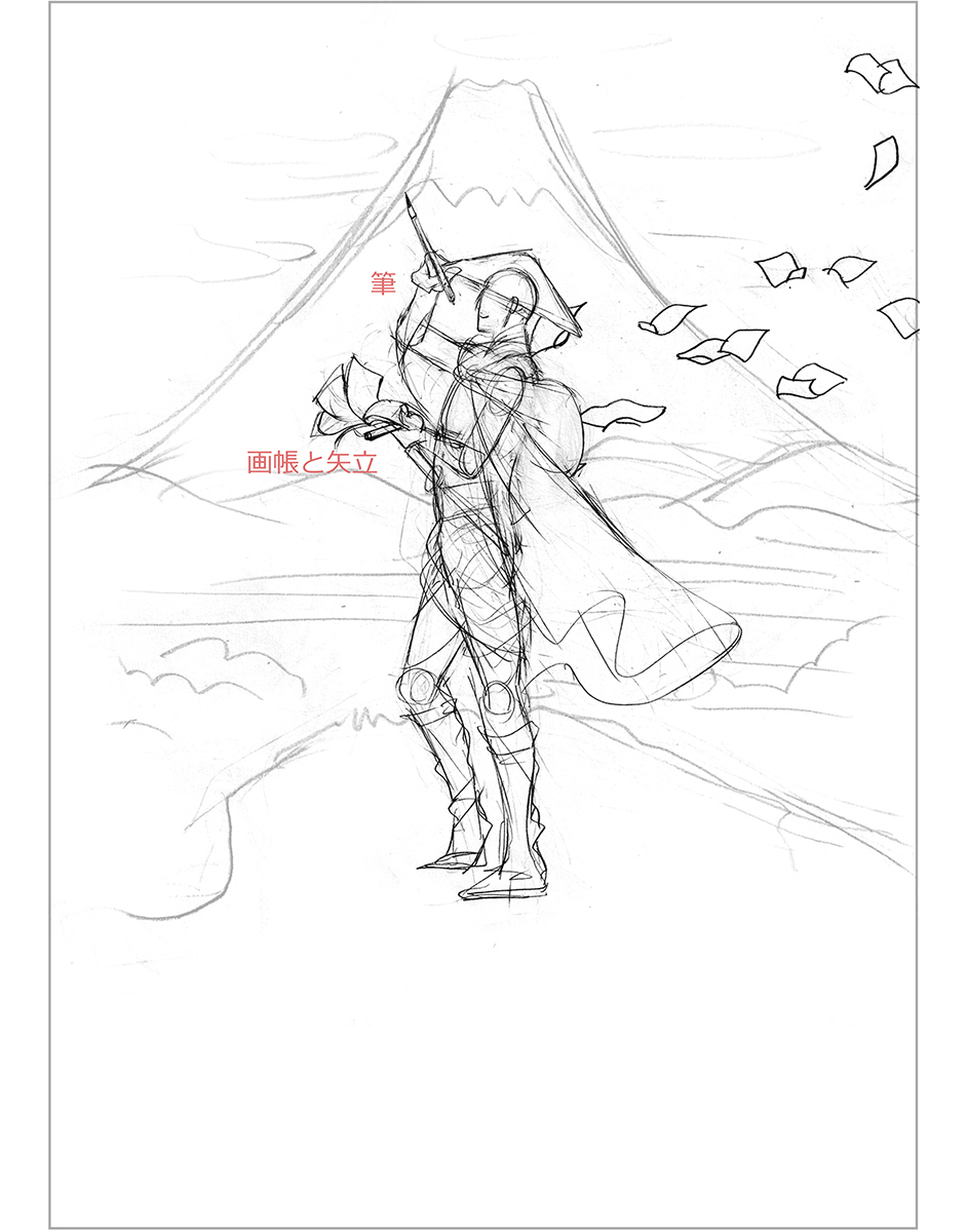studio_asaemaru's tweet photo. 単行本の裏表紙に描かせていただいた若いころの鬼卵のイメージでとの永井先生からのご要望に、デザイナーさんからの富士山と青空を背景にというアイデアで

ラフ初稿→デザイナーさんによる構成と指定された空の色→線画→完成 https://t.co/6m9lX6b0HC