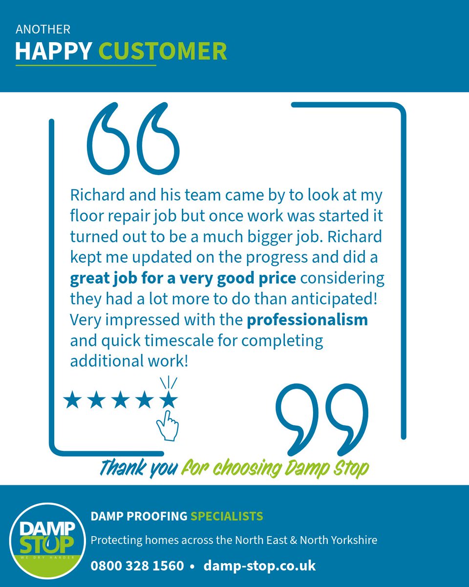 DampStop's tweet photo. ⭐⭐⭐⭐⭐ Don't just take our word for it.

We've put together some of the reviews our customers have left us recently.

Thank you to everyone who has taken the time to share their experience with Damp Stop.

#DampStop #5StarReviews #CustomerReviews #NorthEast https://t.co/wYh7chWCfN