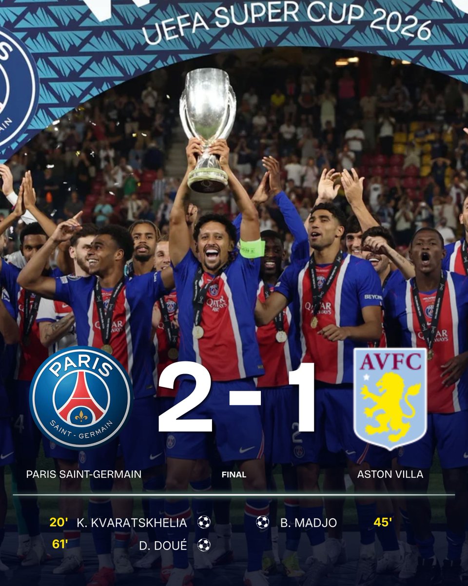 eFans's tweet photo. PARIS DO IT AGAIN. 🏆🔥
PSG beat Aston Villa 2–1 in Salzburg to lift the 2026 UEFA Super Cup.
Another European trophy.
Another statement from Paris. 🔴🔵
Can anyone stop PSG this season? 👀
#PSG #ParisSaintGermain #UEFASuperCup #Football #Soccer #eFans https://t.co/wD22fFO6Kx