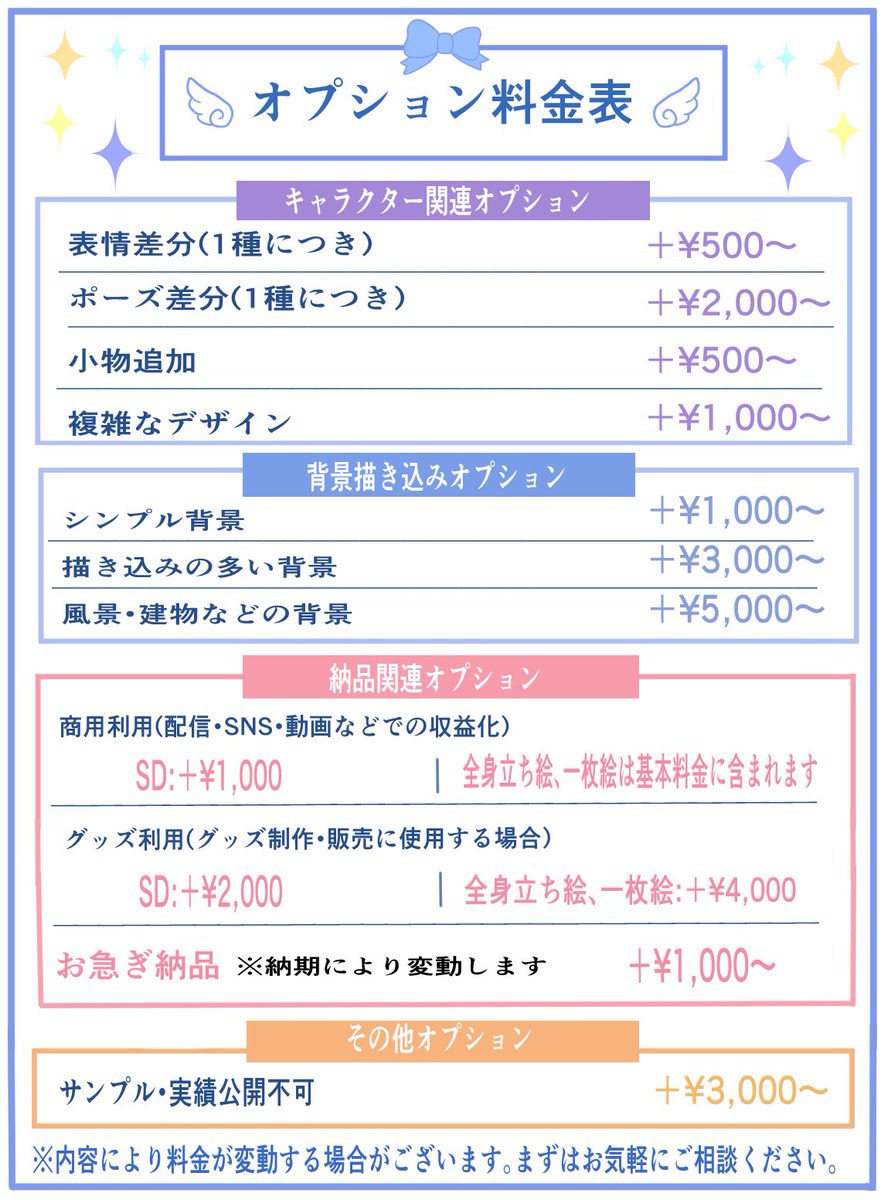 hanatuki_01's tweet photo. 🎨立ち絵／一枚絵／SD／アイコンなど 心を込めて制作いたします🪽

✦ SD　¥4,500〜 ✦ 立ち絵　¥13,000〜 ✦ 一枚絵　¥18,000〜
IRIAM・配信・SNS・グッズ等◎ ご相談・お見積りだけでも大歓迎です！
ご依頼・ご相談はDMへ💌
#イラスト依頼 #有償依頼 https://t.co/KVEoHKd77S