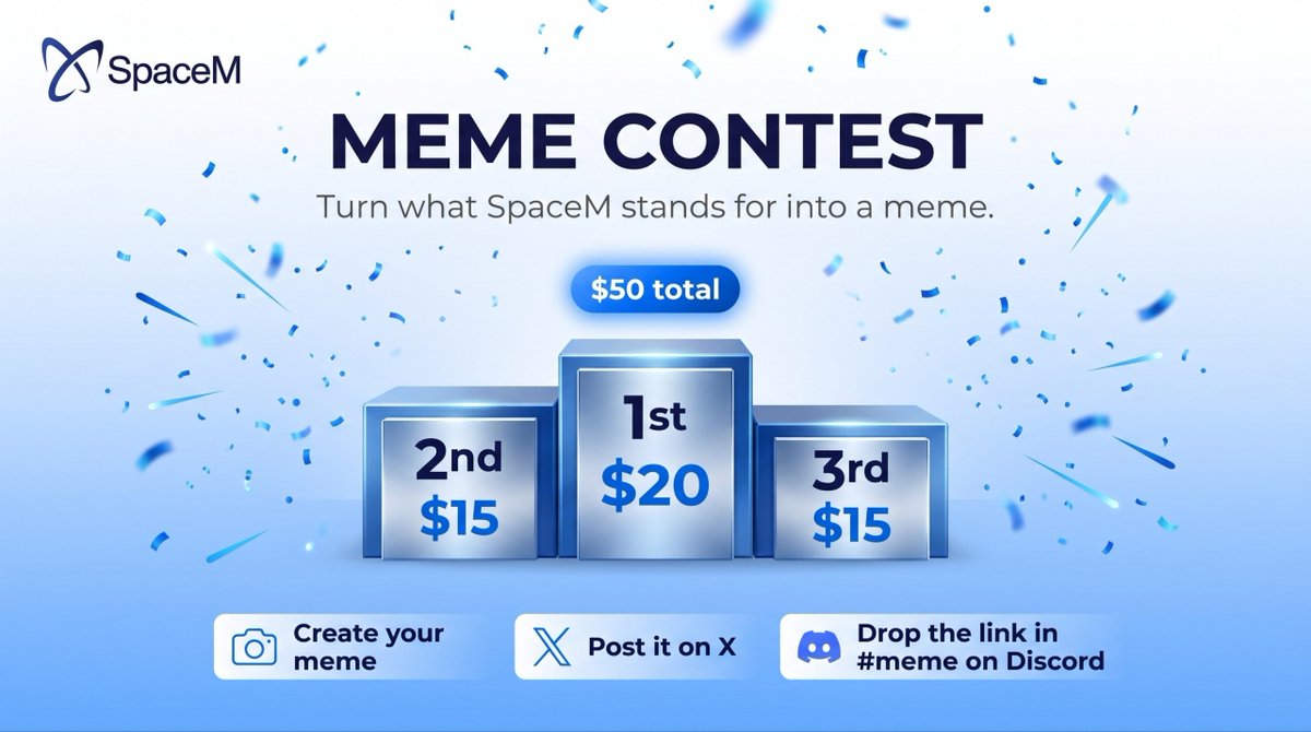 SpaceMworld's tweet photo. SpaceM Meme Contest  

Think you know what SpaceM stands for? Prove it with a meme.  

Create a meme that captures what SpaceM represents, what we're building, or the vision we're working toward. Make it relatable, make it creative, make it something the community looks at and says, "Yep, that's SpaceM."  

3 winners will share $50  

How to enter:  

• Post your meme on X 
• Drop the link in the #meme channel on Discord  

Deadline: Monday, 17th August.  

Bring the memes. Let's see who really gets SpaceM.