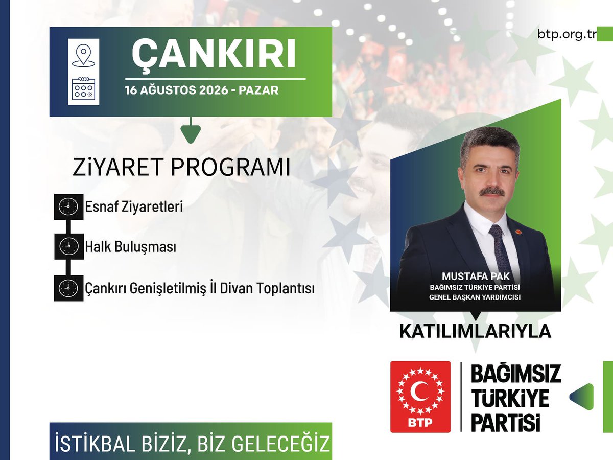 BTP_Parti's tweet photo. Genel Başkan Yardımcımız Sn. Mustafa Pak, bu hafta sonu gerçekleştireceğimiz program kapsamında; 16 Ağustos Pazar günü Çankırı'da teşkilatımız ve halkımızla bir araya gelecek, STK ve esnaf ziyaretlerinde bulunacaktır. Ardından Çankırı Genişletilmiş İl Divan Toplantısına katılacaktır.

Endişe yok, BTP var!
