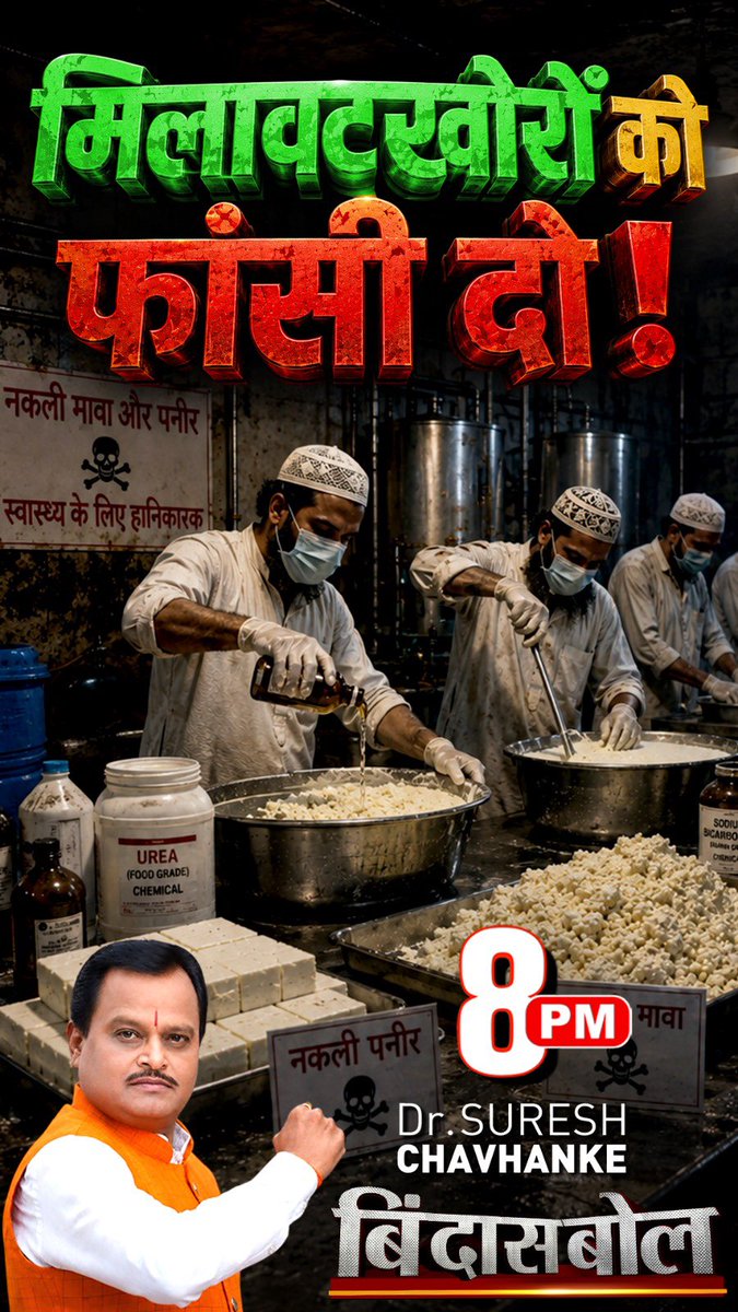SureshChavhanke's tweet photo. मिलावटखोरों को फाँसी दो। 
बिंदास बोल में आज रात 8 व 11 बजे https://t.co/g7U6CGE4kA