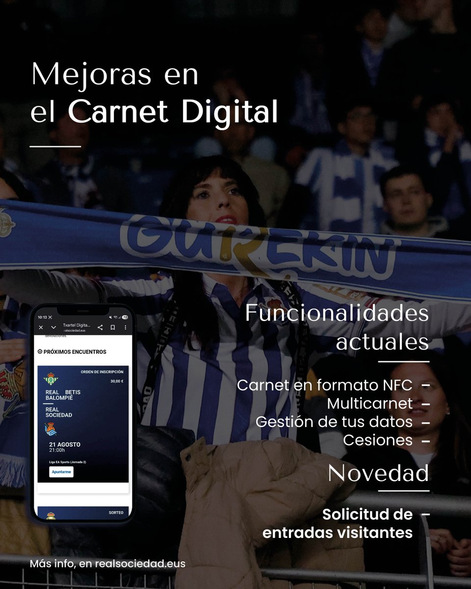 RealSociedad's tweet photo. ℹ️ Nuevo proceso de solicitud de entradas visitantes.
🆕 Un renovado sistema más ágil y digital.
🎫 Las entradas para el encuentro ante el Real Betis podrán solicitarse a partir de mañana viernes.
