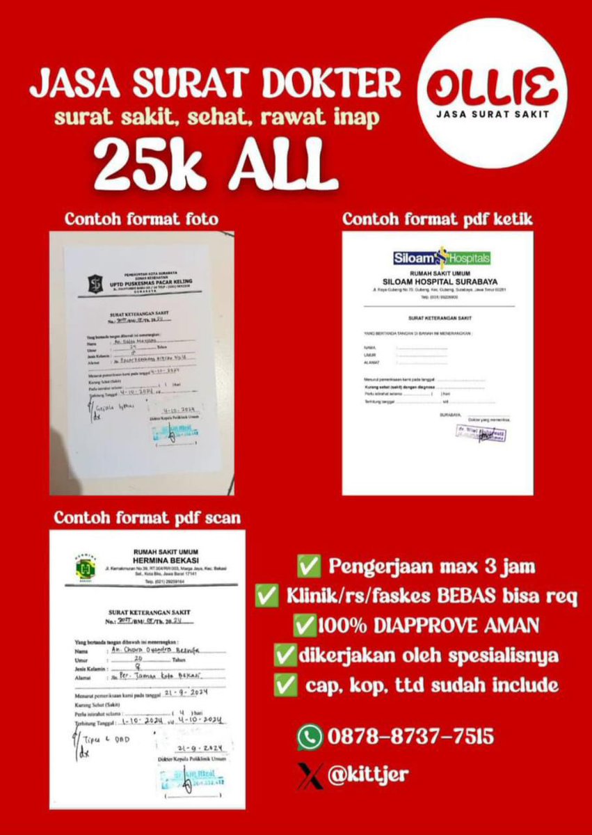 miouwy's tweet photo. Jasa Surat izin Sakit Dokter 
🔥25K ONLY di @neicze 

• 100% pasti eysisi aman✅
• Stempel Basah, Kop, Ttd lengkap
• RS Puskesmas Klinik BEBAS 

order ke https://t.co/Dsc4ZPvVk7
 #zonauang https://t.co/HuKopQRFFK