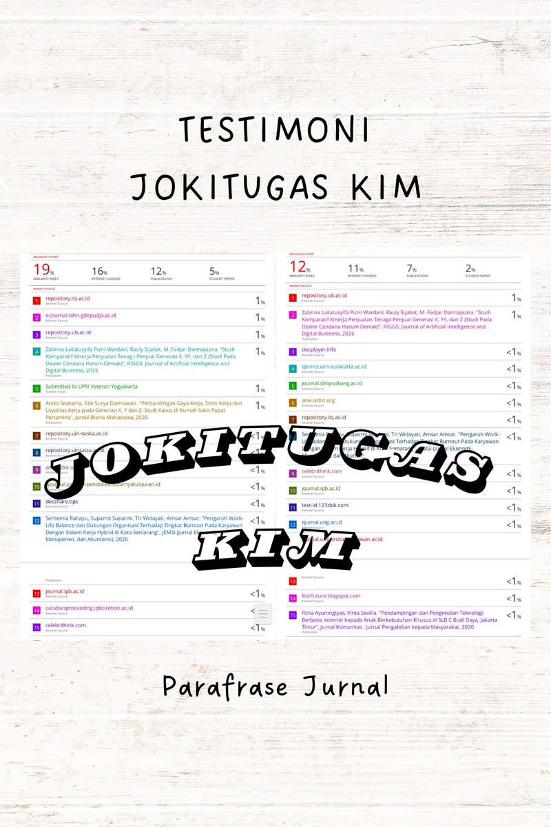 PiraaKim22's tweet photo. Alhamdulillah selesai lagi 1 jokian parafrase jurnal dari 19% ke bawah 15% ❤

Terimakasih kak sudah joki parafrase di aku 🤗
#bealanja
#jokitugas 
#zonauang parafrase https://t.co/i0XZKlpRgb