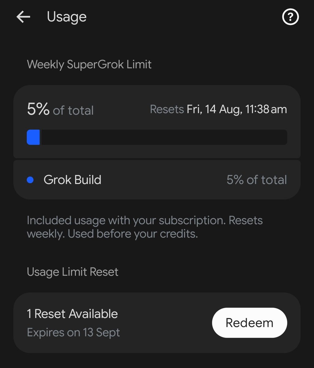 Rivonn's tweet photo. New Grok 4.6 is overpowered 

It used my 5% of total weekly usage in just 1 normal prompt on my ai agent 

Just imaging how grok 4.7 will be 

But if you notice something under usage, you'll see 1 free weekly reset 

Use it to get 2x usage in just one week 

Ps: it's one time usage only