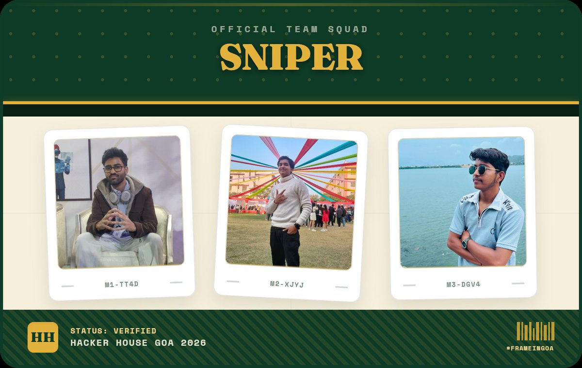 S_Vaibhav_Soni's tweet photo. Team Sniper, checked in for #HHGoa26. π―βοΈ
We built our own ID/boarding-pass generator - 3 builders, one custom tool, all boarding for Goa.
Live: https://t.co/J0hchVdYDh
GitHub: https://t.co/0lvuGGODB3
Team lead: https://t.co/f07JJukv5b
@247pmstudio
#FrameInGoa #Sniper https://t.co/WvzxzhgCSb