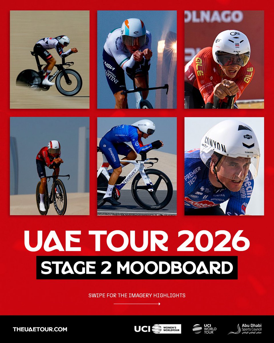 uae_tour's tweet photo. Precision against the clock ⏱️
 
Stage 2 brought speed, focus and the coastal backdrop of Al Hudayriat Island as the riders took on the Individual Time Trial.
 
Relive the race day 👉
 
#UAETour #UAETour2026 https://t.co/qQcWYzfWZ4