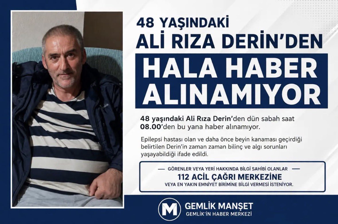 Soganliseker's tweet photo. Gemlik’te dün sabah saatlerinden bu yana kendisinden haber alınamayan Ali Rıza Derin için sizlerden destek rica ediyoruz. Gören tanıyan olursa 112 yi aramalarını ve 112 gelene kadar yanlarından ayırmamalarını rica ederiz. https://t.co/3iOr5JNB1p