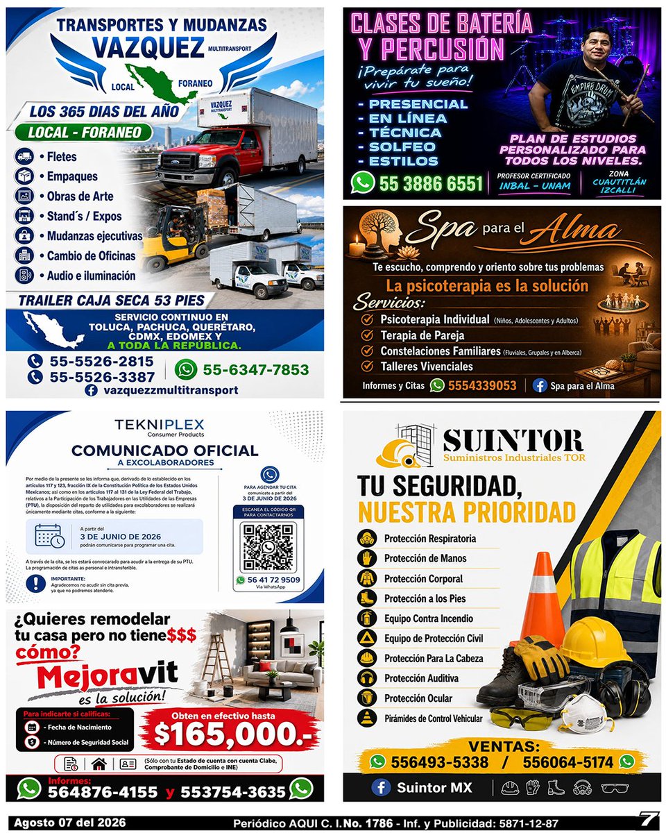 periodicoAQUI's tweet photo. #transportes #Fletes #clasesdebateria #psicoterapia #RepartoDeUtilidades #Mejoravit #equipodeseguridad #AQUICUAUTITLÁNIZCALLI
Compártelo, puede ser de utilidad para alguien.
Nuestra Edición Completa en:
https://t.co/nhsGHRahBI https://t.co/9Ihkh0Fogb