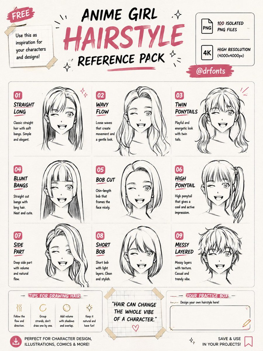 BetterLandingCo's tweet photo. Anime Hairstyle Reference Pack ✨

A character’s hairstyle can completely change their personality, silhouette, and overall vibe. Use these as a starting point to experiment with length, volume, bangs, ponytails, layers, and different hair flows.

Which one would you give your next character? ✍️💇‍♀️