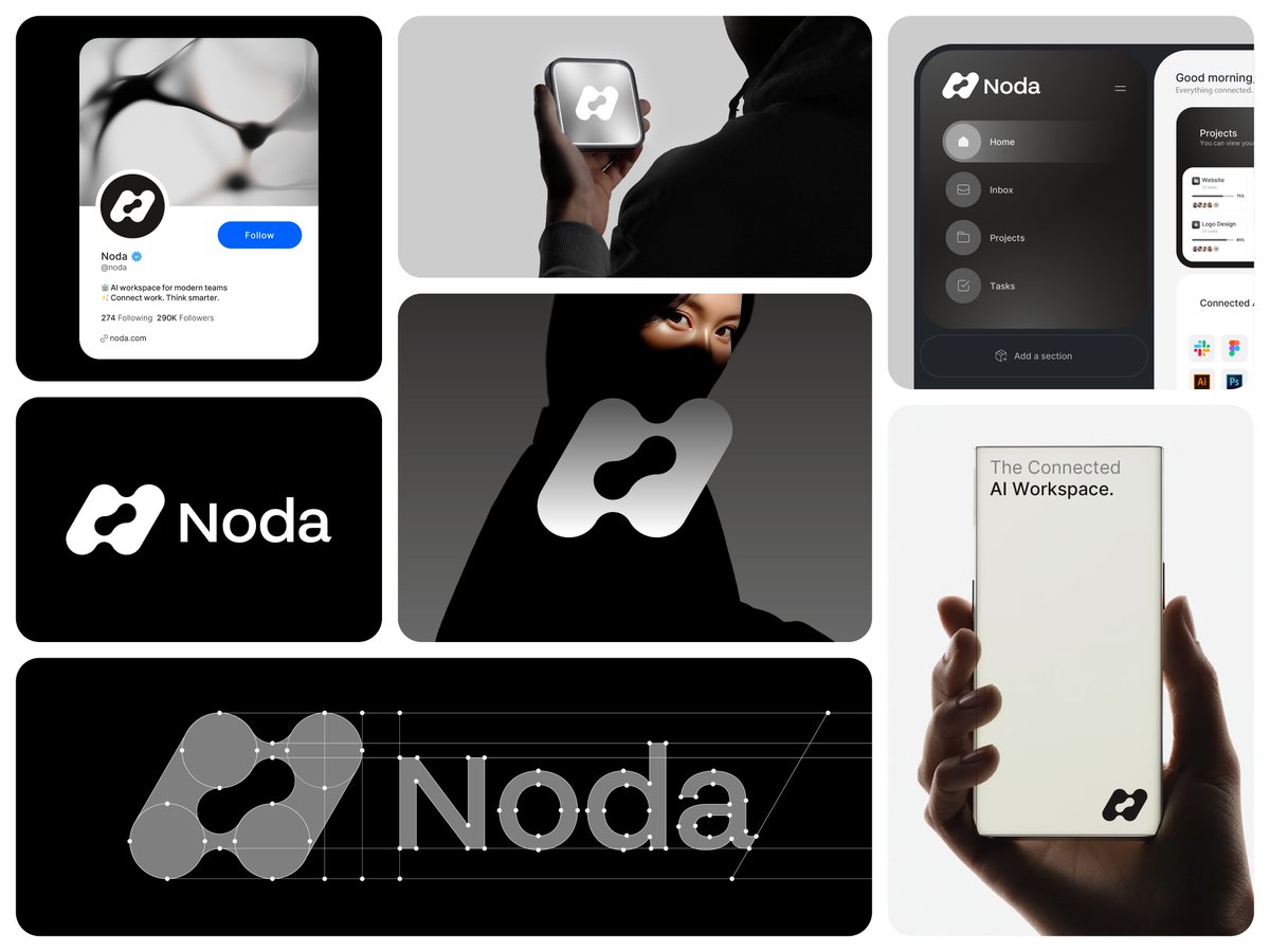 spgmarks's tweet photo. Noda — Every connection. One intelligence.

A new AI workspace identity built around connection, collaboration, and intelligent workflows.

Minimal, bold, and designed for modern teams.

#BrandIdentity #LogoDesign #AI #Branding https://t.co/yTAwb6tWtU