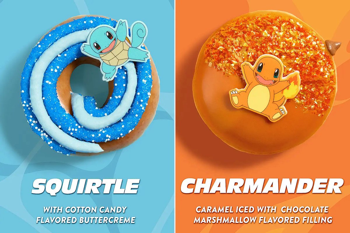 PokeTCGAlerts's tweet photo. Pokémon is teaming up with Krispy Kreme for 6 Pokémon themed doughnuts! 🍩 

The collection features Pikachu, Bulbasaur, Charmander, Squirtle, Jigglypuff & a Poké Ball, plus Pokémon cups and special packaging

Available nationwide starting August 18th and YES my big back will be getting these 😭 
#PokemonxKrispyKreme