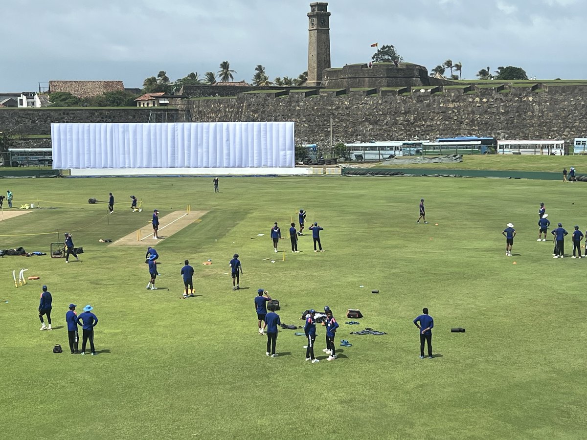 MadhuJawali's tweet photo. Gall Fort provides grand background as Indian players go through their practice session. #IndvsSL #FirstTest https://t.co/qSFfp3q2m0
