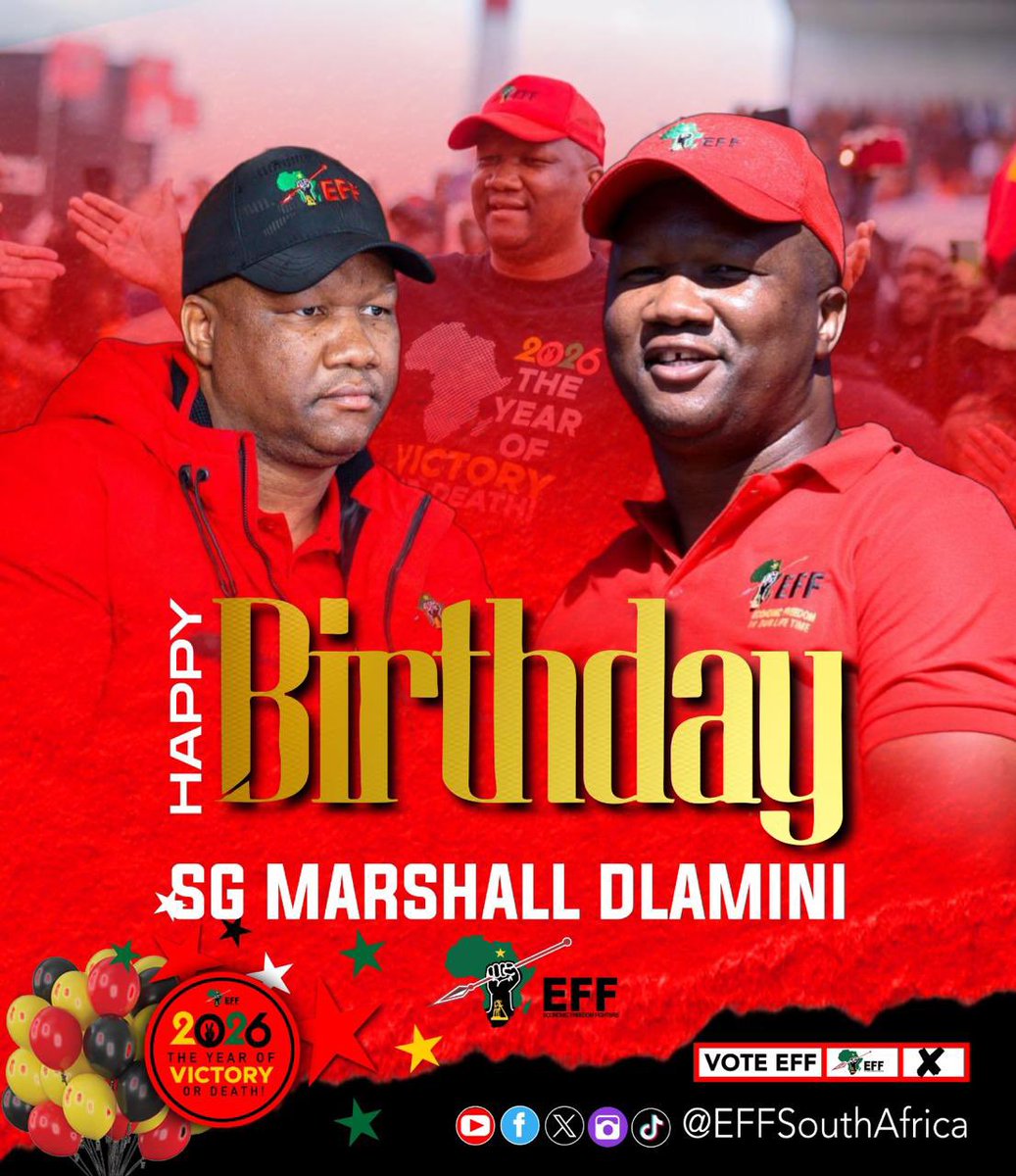 EFFSouthAfrica's tweet photo. ♦️Birthday Alert♦️

Today, we celebrate the engine of the EFF, our Secretary General, @DlaminiMarshall, a steadfast and reliable force of the organisation and a tireless servant of the struggle for Economic Emancipation.

As our SG, your leadership, dedication, and unwavering commitment continue to strengthen the EFF and advance the struggle for Economic Freedom in Our Lifetime.

May you live long to witness the victory of Economic Freedom in Our Lifetime.

Happy Birthday Jama Ka Sjadu!