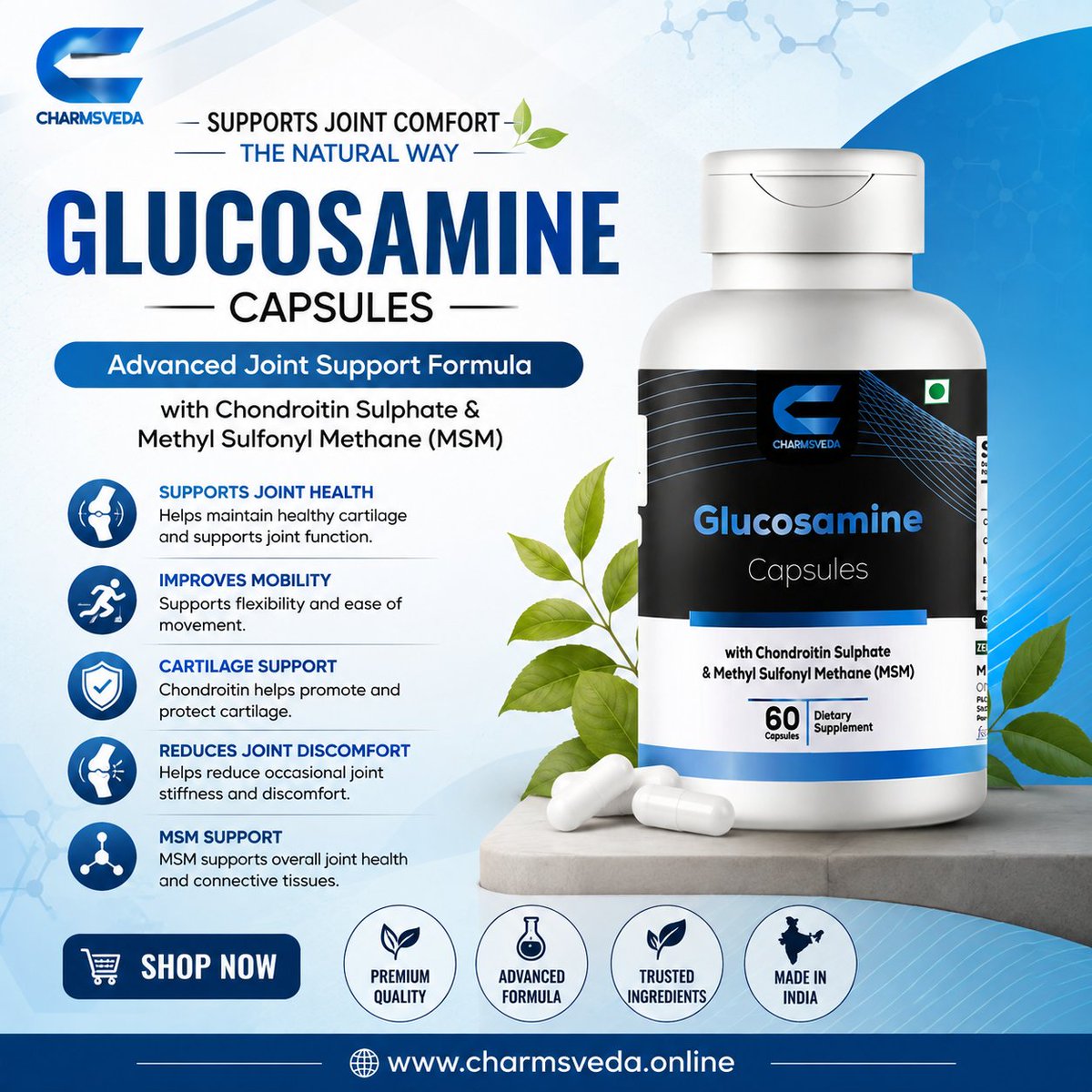 Charmsveda's tweet photo. 💙 Move Better. Live Better.

CharmsVeda Glucosamine Capsules with Chondroitin + MSM 🌿

🦴 Joint Support*
🏃 Mobility Support*
🌿 Daily Wellness*

🛒 Shop Now: https://t.co/5NEeNPR9To

#CharmsVeda #Glucosamine #JointSupport #Wellness https://t.co/Xpz4xCXDms