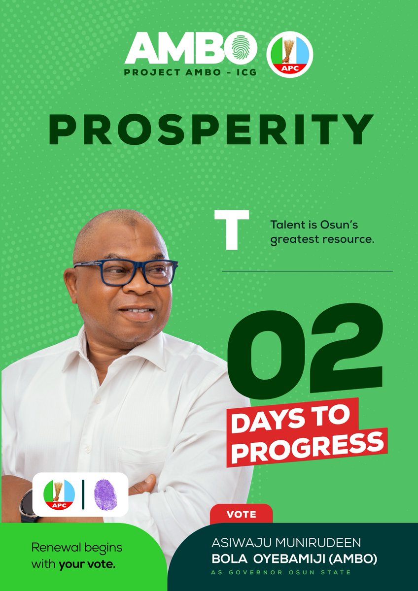 OgbeniDipo's tweet photo. 2 more days to D-Day in Osun. Asiwaju Munirudeen Bola Oyebamiji (@OyebamijiBola), the Gubernatorial Candidate of our great party, the APC (@OfficialAPCNg) has the plan. 

As Managing Director/CEO of Osun State Investment Company, he grew the portfolio of the company significantly. 

As Commissioner for Finance, he grew Osun’s IGR from N6bn to N24bn.

He will do more when elected. Support AMBO. Vote AMBO💙!