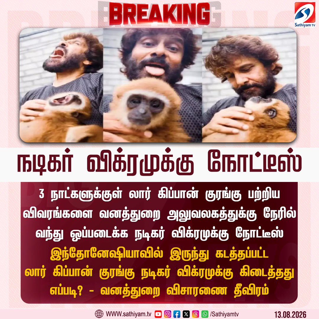 sathiyamnews's tweet photo. 3 நாட்களுக்குள் லார் கிப்பான் குரங்கு பற்றிய விவரங்களை வனத்துறை அலுவலகத்துக்கு நேரில் வந்து ஒப்படைக்க நடிகர் விக்ரமுக்கு நோட்டீஸ்
#sathiyamtv #sathiyamnews #ActorVikram #LargibbonIssue https://t.co/HHtxhwLVcq