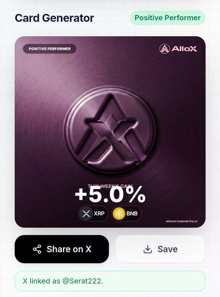 Serat222's tweet photo. Strong momentum this week with a +5.0% gain 📈
XRP and BNB are showing solid performance and adding positive energy to the portfolio.

Stay focused, stay consistent, and keep building for the long term. 💪🔥

#AlloX #Portfolio #XRP #BNB #Crypto #ProveYourPortfolio https://t.co/LlwxyEo9la