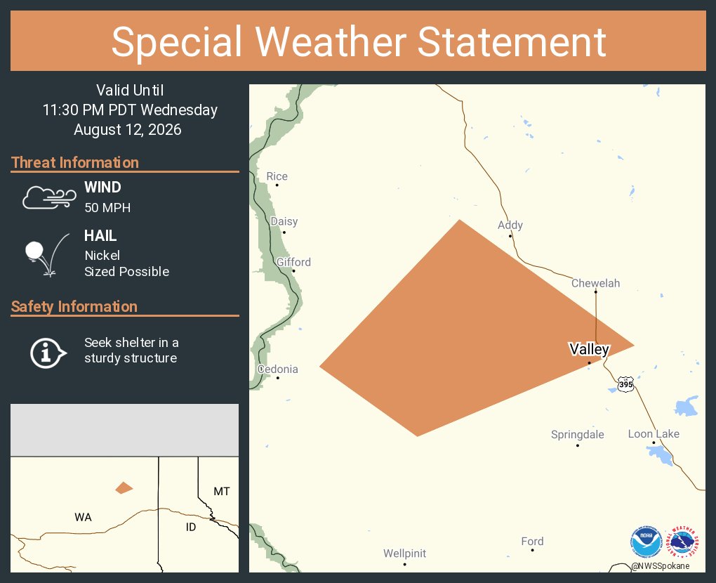 NWSSpokane's tweet photo. A special weather statement has been issued for Valley WA until 11:30 PM PDT https://t.co/f9VO1bHdh7