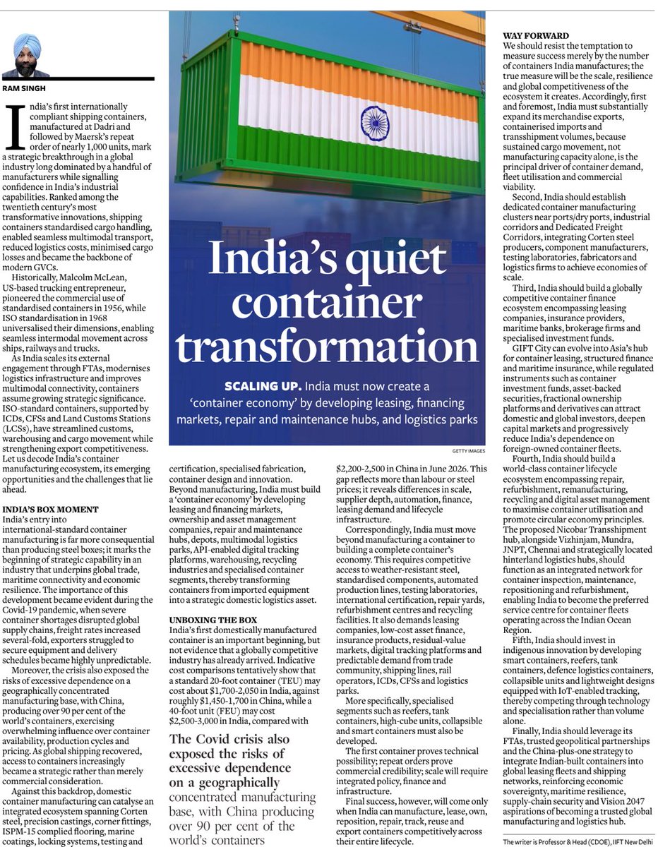 prasannavishy's tweet photo. India has recently begun domestic manufacturing of internationally compliant shipping container in what looks like a seemingly small industrial milestone.

But this fine @businessline piece points to how a fledgling industry can become a capability-catalysing  platform for an entire industrial  ecosystem 
including specialised steel, components, coatings, flooring, certification and testing, leasing and finance; repair, refurbishment and recycling, logistics parks and tracking and eventually specialised containers

As India is deploying industrial policy in multiple sectors, the key criterion to judge the outcome should not be merely be the  number of units manufactured, but the depth of capabilities, supply chains, services and businesses that develop around it. This piece makes that argument particularly well.