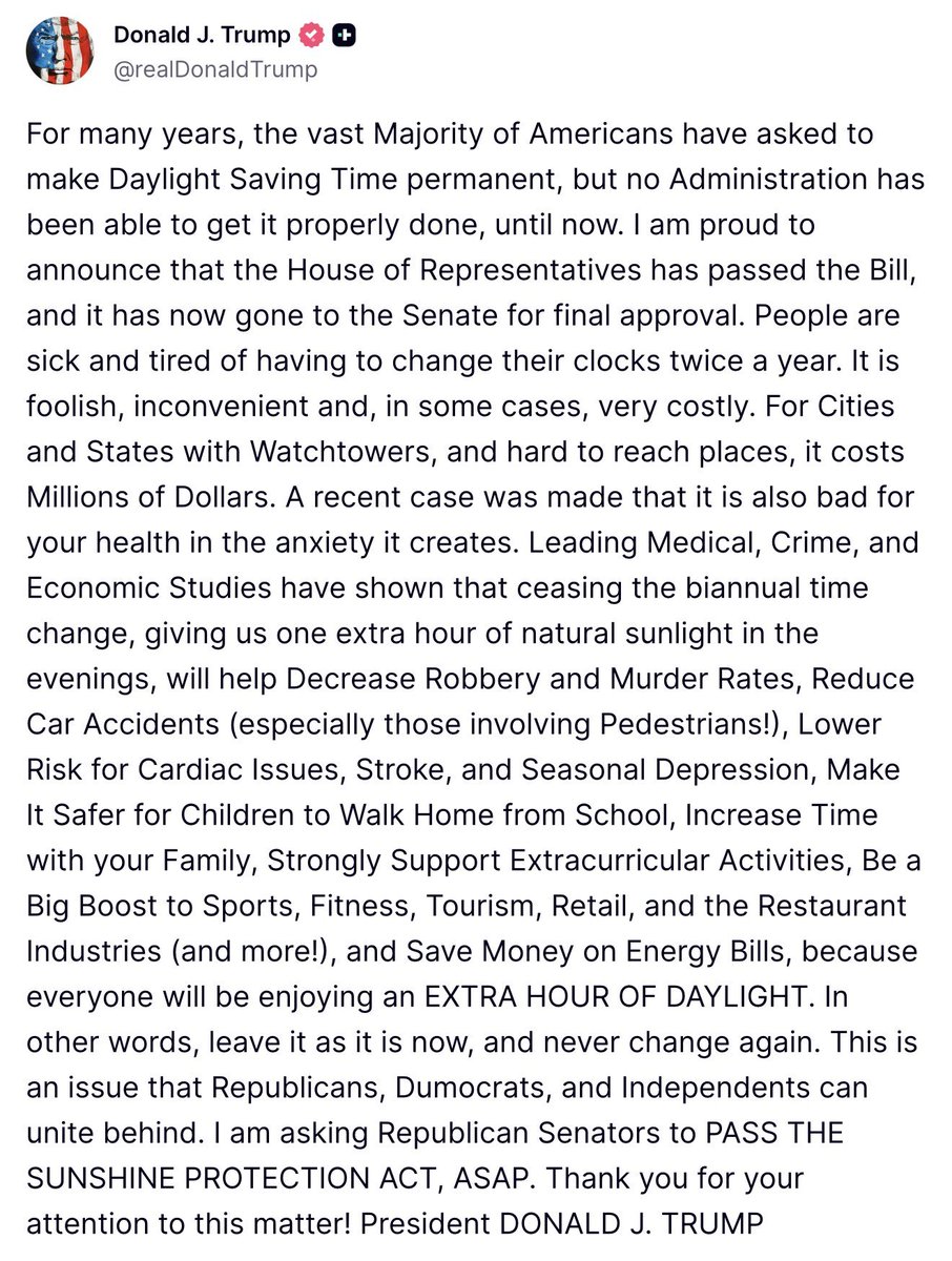 AwesomeNewsom's tweet photo. TRUMP IS RIGHT. FOR YEARS AMERICANS HAVE BEEN BEGGING TO MAKE DAYLIGHT SAVING TIME PERMANENT. PEOPLE ARE SOBBING, "WHY CAN'T IT BE PERMANENT!?" MANY ARE SCREAMING, "WE DON'T WANT AFFORDABLE FOOD! WE DON'T NEED PEACE! TAKE MY MEDICARE, JUST GIVE US PERMANENT DAYLIGHT SAVING TIME!" https://t.co/s6JK5wAWfd