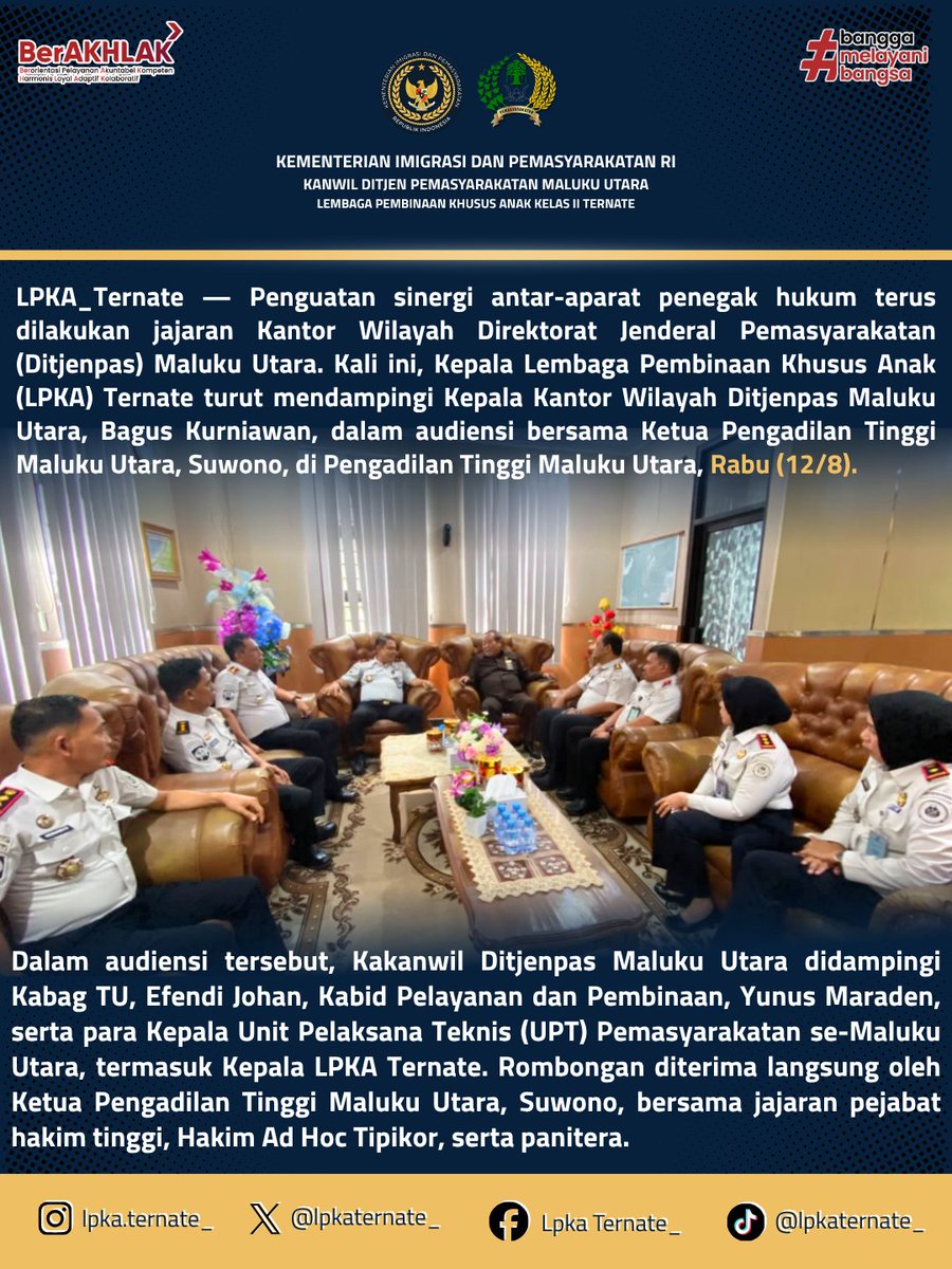 lpkaternate_'s tweet photo. PERKUAT TUGAS PEMASYARAKATAN, KEPALA LPKA TERNATE DAMPINGI KAKANWIL DITJENPAS MALUT AUDIENSI DENGAN PEMPROV MALUT

Baca Selengkapnya di:
https://t.co/P6DxOWOffA https://t.co/J9FsHfqXjr