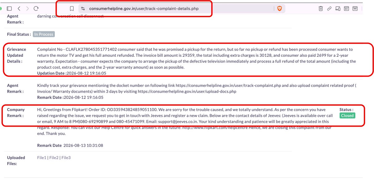 sarcatrist's tweet photo. 🚨 #ScamAlert Request all of you have got cheated by @Flipkart or other e-comm portals to read and share your experiences as replies to this tweet. We need our MP to fight these e-commerce giant's fraudulent practices

Let me begin by thanking you Mr @raghav_chadha for raising consumer issues of telecom & hospital billing. These impact us more on a daily level and streamlining this is a huge help, more than anyone would care to admit!

I want to highlight the scam that @flipkartsupport is operating these days. My @shopmotorola TV that busted in just 8 months. When I raised it with Flipkart, this is what happened:
1. They tell you to slide into DM (in the name of privacy) but largely just to drag the matter for a week or two.
2. They registered my complaint, sent a technician, acknowledged that it's a faulty product and agreed to refund the money. 
3. While they called everyday, they refused to put anything in written for 12 days.
4. Then after another week, they asked me to give the same brand box in which TV was delivered. (who keeps a 55 inch brand box for 8 months) otherwise they won't refund the money. After our arguments, they asked us to arrange all packing material for any brand, only then will they pickup the TV. 
5. After few more days, they (Spoke with cust Support escalation person: Mr Yuvraj Yadav) falsely closed the case without any resolution. They have marked the product as faulty and said the return is rejected. This is completely fradulent practice. 
6. When I tweeted about it, a lot of others joined in with the same woes and shared their screenshots with me (https://t.co/TQEr58Fk1q)
7. I registered the complaint with @ConsumerDept on (@jagograhakjago) https://t.co/weLdVHRyMi on refund of TV amt and refund of 2 year warranty. They closed the case by replying only on warranty point but no comment on TV refund at all (Notice how they are playing this game). 
8.  Had marked their CEO, Mr Kalyan (@_Kalyan_K) and also written an email but it didn't elicit any response.
9.  @shopmotorola doesn't intervene at all despite the fact that it's their TV that broke down in just 8 months and that their brand reputation is at stake. They have simply outsourced everything to @flipkart  Is this the right way for this #Chinese company to sell & fleece Indian customers?

I request you to help us fight this fraudulent practice of @flipkartsupport - They know that even consumer grievance matter can be closed without an adequate response. They believe that given how large they are, they can get away scotfree. 

Mr @raghav_chadha - We need your support on this to fight this arrogant company. I am marked all screenshots here and happy to share all docs in person for verification.

💥Tagging a few others who shared similar fraud like I have from @Flipkart: @0410brajesh @unbeatable_aman @SamKhan004 @RonitKhanchand1 @Rohit_Kalgutkar @Vinoth_018 @ravivarhai @Tejas564354, @naadan07 @AdityaK28228981 @pugaarpetti @prateek276 @Moksh142303 @19943Nitesh @VickyKr0529674 @roughcrusader 

We are doing our best individually - https://t.co/TQEr58Fk1q  and with support of few handles like @BandBajaateRaho. However, I believe @flipkartsupport clearly doesn't care and thinks that we will all get tired and stop fighting for our hard earned money. 

#Fraud #Flipkart #FreedomFromFlipkartScam #Motorola @nch1915 @CCPA_India #CCPA @KashurKoor18 @aaRGeeShah @Umaa0456