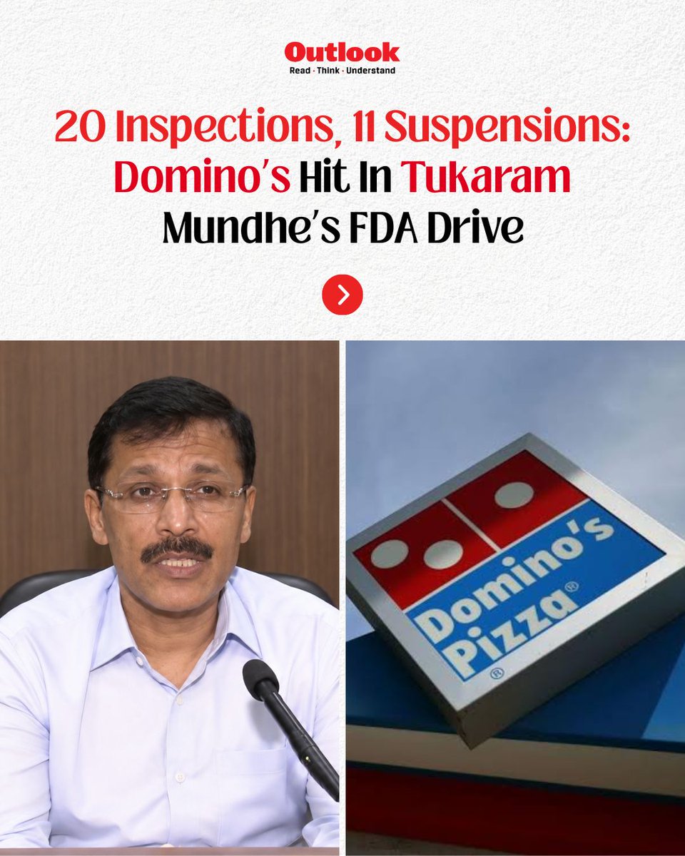 Outlookindia's tweet photo. Four Domino’s outlets in Maharashtra have lost their food-business licences after FDA inspections flagged alleged hygiene and food safety lapses.

Three of the outlets are in Mumbai, while another in Satara recorded around 40% non-compliance. The action comes amid Maharashtra FDA’s wider crackdown on restaurants and food establishments across the state.

#Dominos #MaharashtraFDA #FoodSafety #TukaramMundhe #OutlookIndia